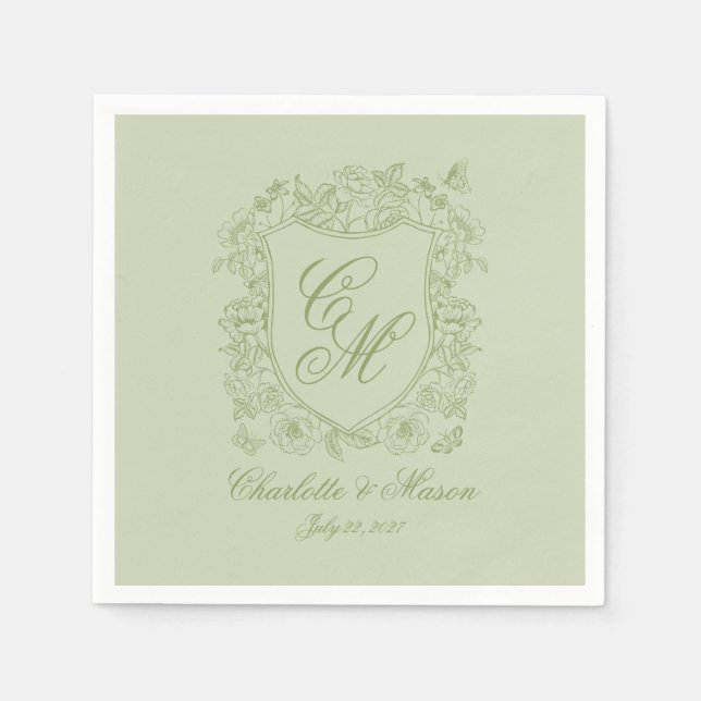 Garden Wedding Sage Green Monogram Crest Napkin (Front)