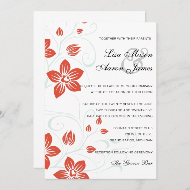 Garden Weddings Orange and Blue Floral Wedding Invitation (Front/Back)