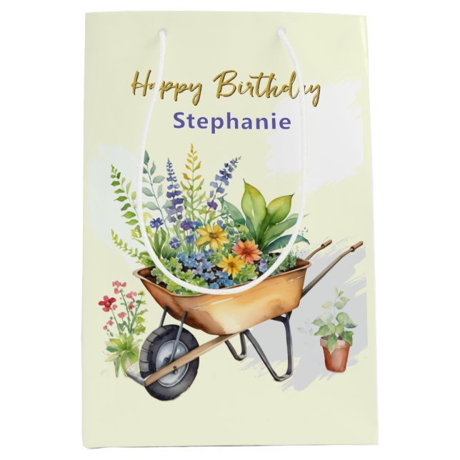 Garden Wheelbarrow Happy Birthday Personalised Medium Gift Bag (Front)