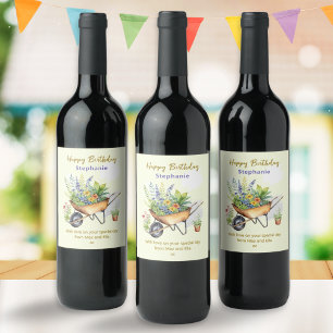 Garden Wheelbarrow Happy Birthday Personalised Wine Label