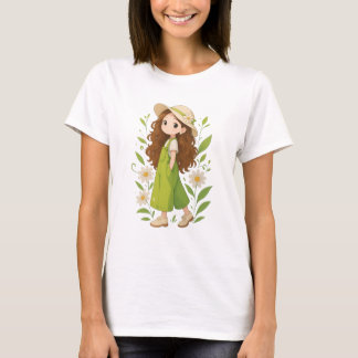 Garden Whimsy – Floral Girl in Green Overalls T-Shirt