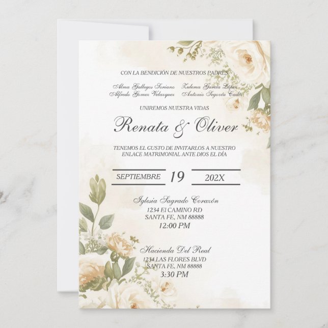Garden white rose Spanish Wedding Invitation (Front)
