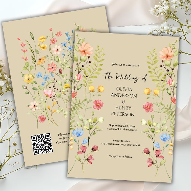  Garden Wildflower Spring Neutral QR Code Wedding  Invitation (Creator Uploaded)