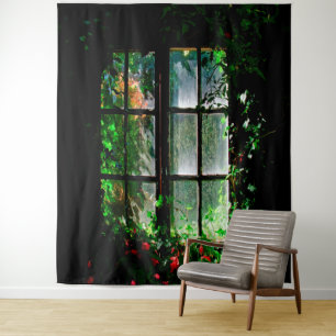 Garden window black green red floral greenery tapestry