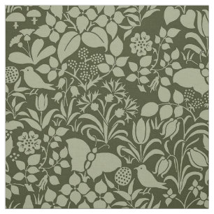 Garden with Birds and Butterflies, Olive Green Fabric