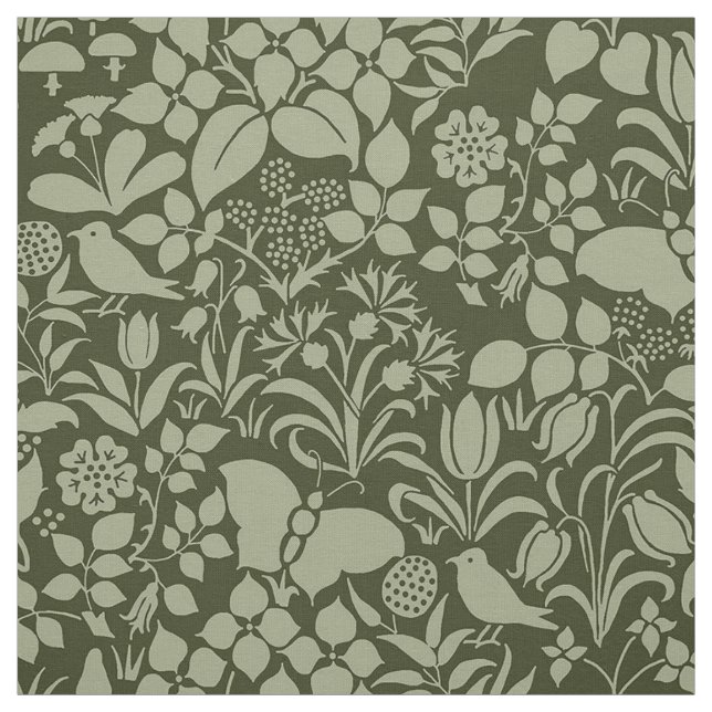 Garden with Birds and Butterflies, Olive Green Fabric (Swatch)