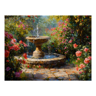 Garden with Blooming Roses and Water Fountain Poster