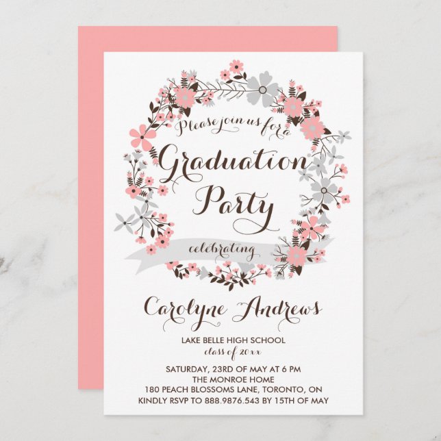 Garden Wreath | Pink and Grey Floral Graduation Invitation (Front/Back)
