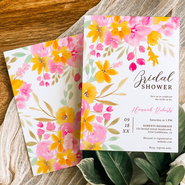 Garden yellow pink floral watercolor bridal shower invitation (Creator Uploaded)