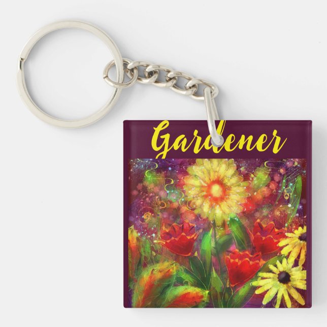 Gardener Floral Flowers Painting Abstract Art Red  Key Ring (Front)