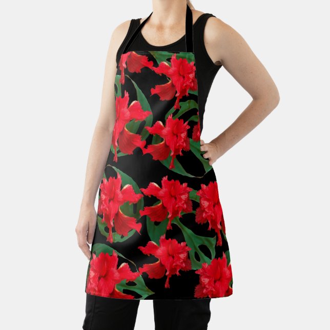Gardener Hibiscus Monstera Pattern Black Apron (Insitu)