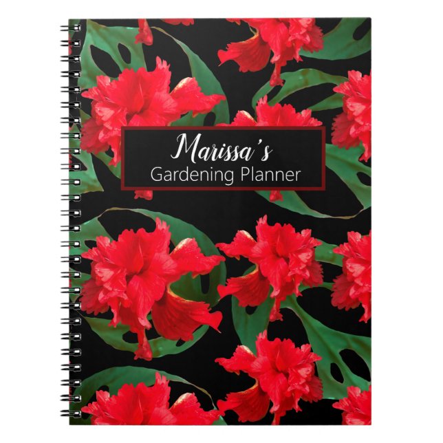 Gardener Hibiscus Monstera Pattern Black  Red  Notebook (Front)