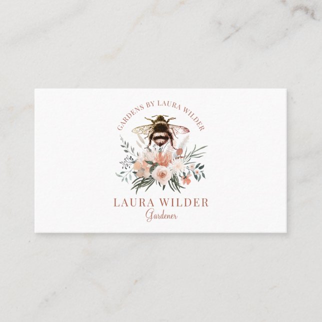 Gardener Honey Bee Blush Peach Pink Floral  Business Card (Front)