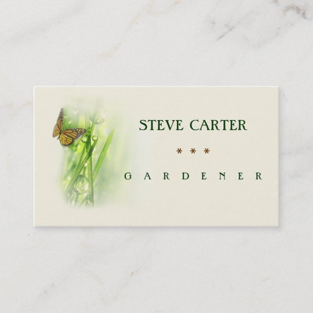 Gardener Meadow Butterfly Florist Plants Green Business Card (Front)