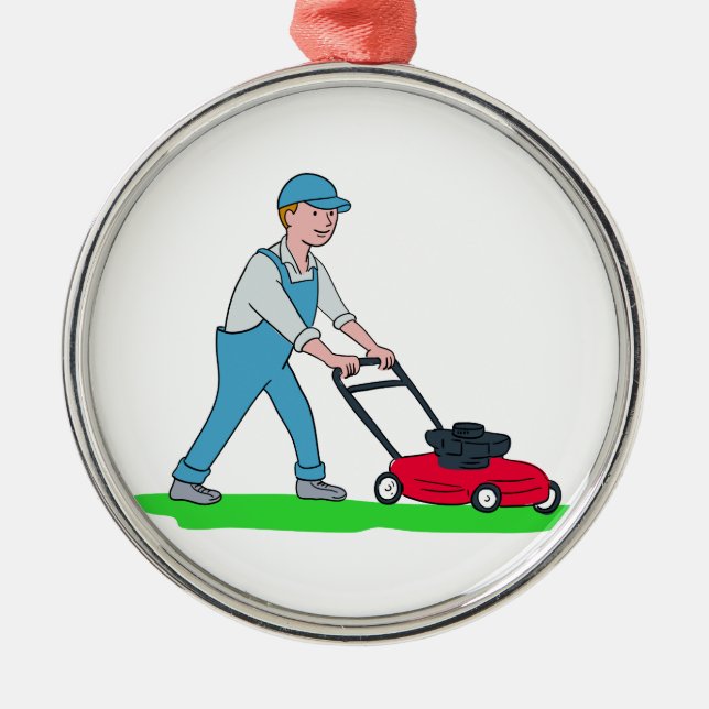 Gardener Mowing Lawn Cartoon Metal Tree Decoration (Front)
