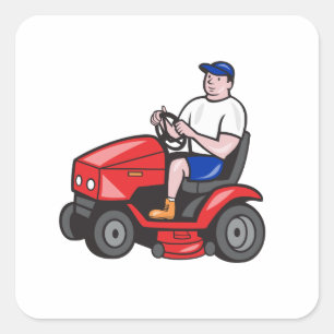 Gardener Mowing Rideon Lawn Mower Cartoon Square Sticker
