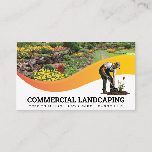 Gardener Planting Flowers | Landscaping Business Card (Front)