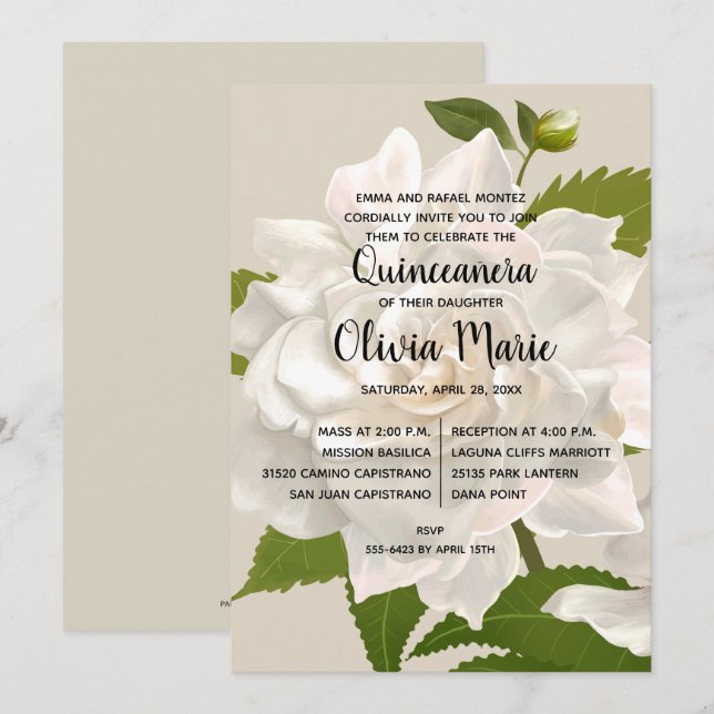 Gardenia Vintage Floral Quinceañera Invitations (Front/Back)