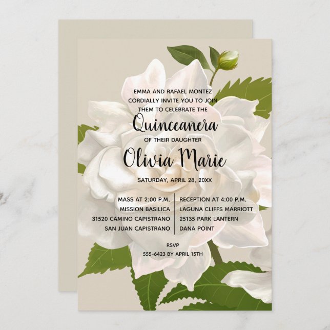 Gardenia Vintage Floral Quinceañera Invitations (Front/Back)