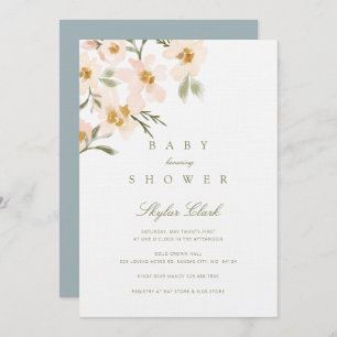 Gardenia Watercolor Floral Dusty Blue Baby Shower Invitation