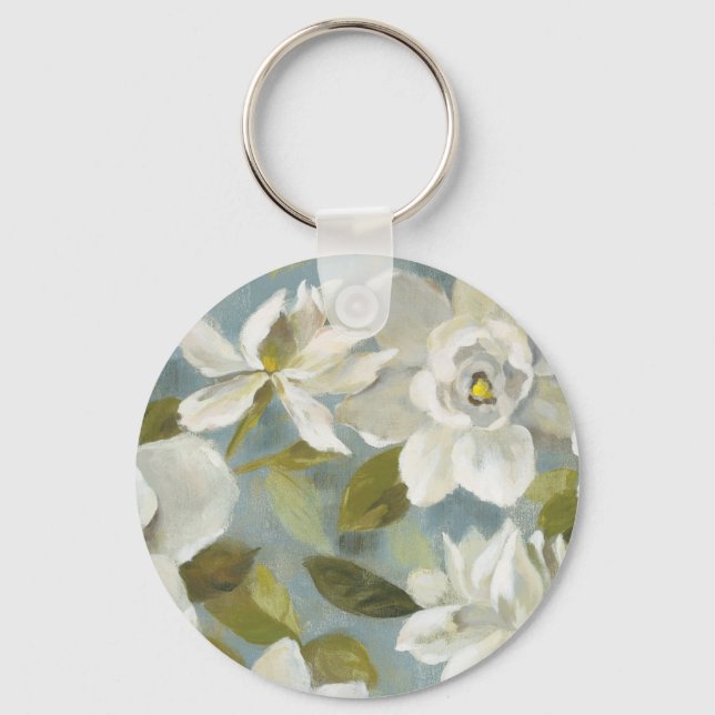 Gardenias on Slate Blue Key Ring (Front)