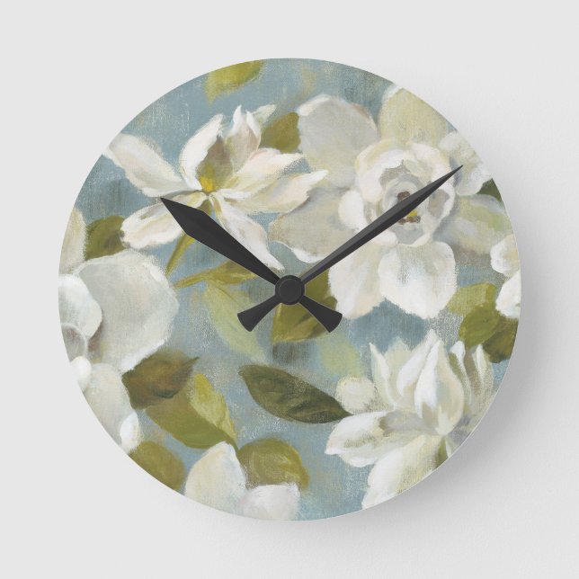 Gardenias on Slate Blue Round Clock (Front)