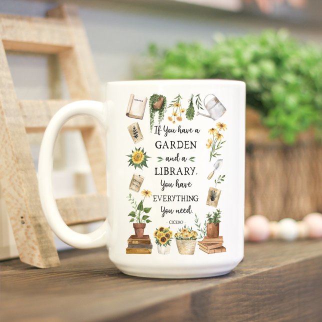 Gardening and Library Quote Sunflower and Herbs Coffee Mug (Lifestyle photo)