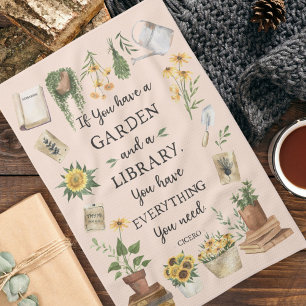Gardening and Library Quote Sunflower and Herbs Tea Towel
