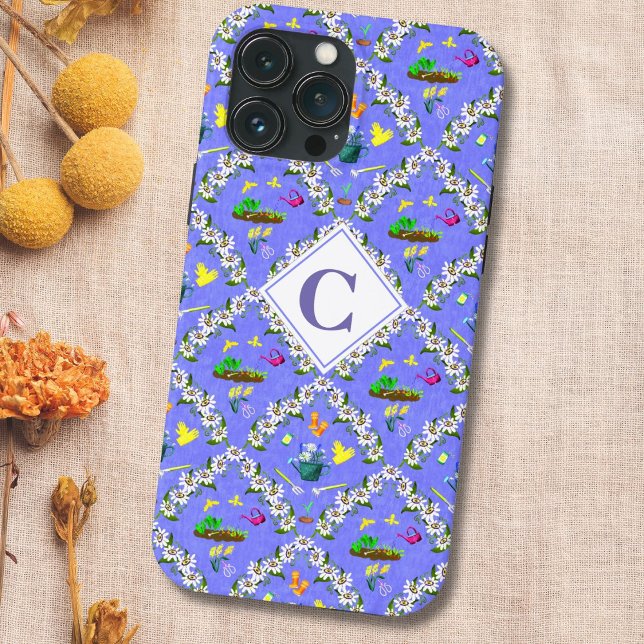 Gardening Blue Passionflower Pattern Monogram iPhone Case (Creator Uploaded)
