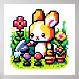 Gardening Bunny - Cute Pixel Art Nature Design Poster