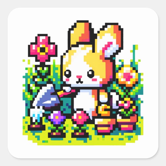 Gardening Bunny - Cute Pixel Art Nature Design Square Sticker (Front)