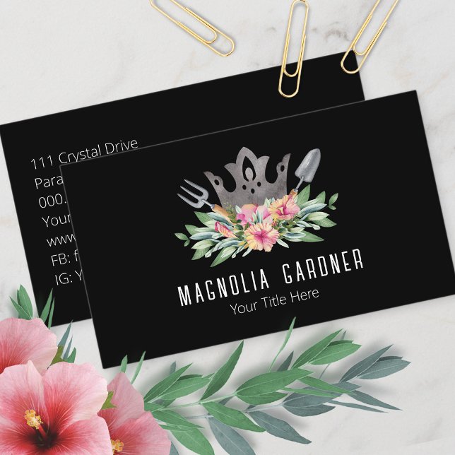 Gardening Crown Boho Chic Watercolor Tools Flowers Business Card (Creator Uploaded)