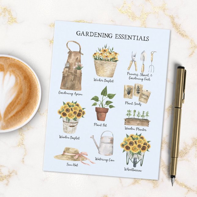 Gardening Essential Sunflower Garden Tools Blue Postcard (In situ)