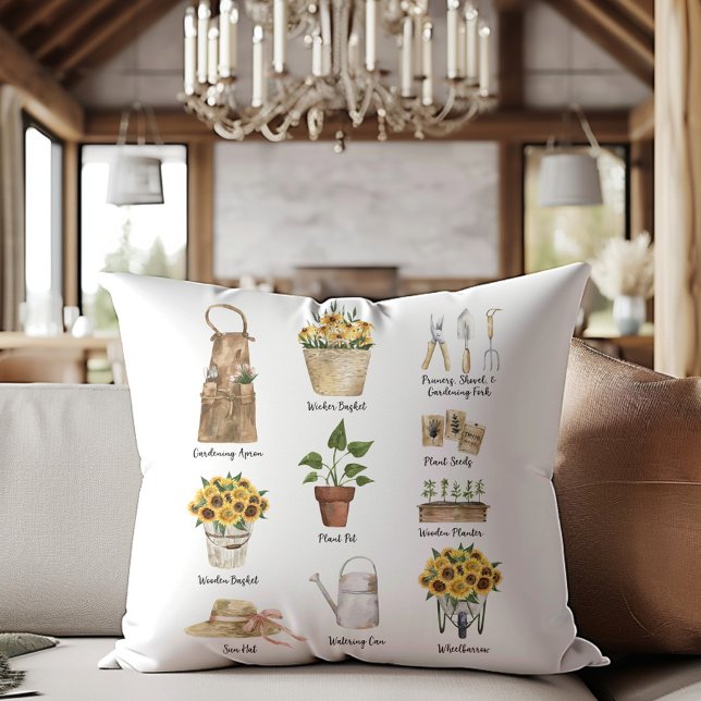Gardening Essential Tools Watercolor Sunflower Cushion (In situ)
