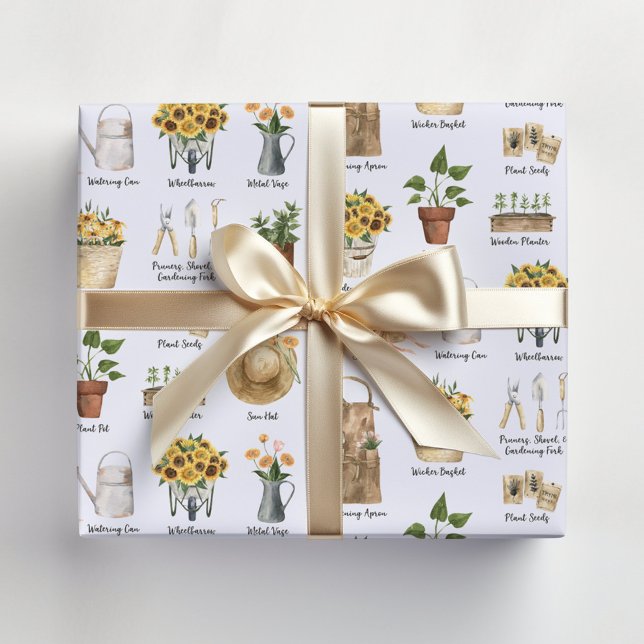 Gardening Essential Watercolor Sunflower Pattern Wrapping Paper Sheet (In situ)