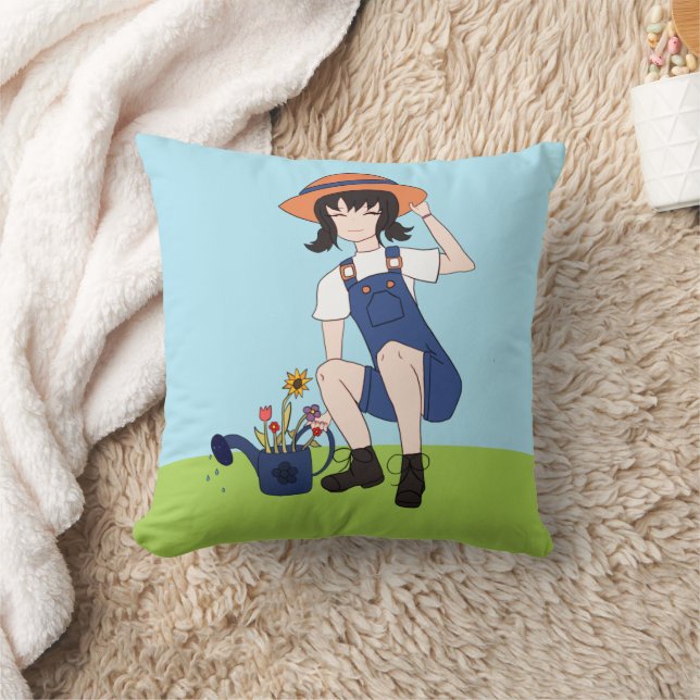 Gardening Girl with Flowers Black Hair  Cushion (Blanket)