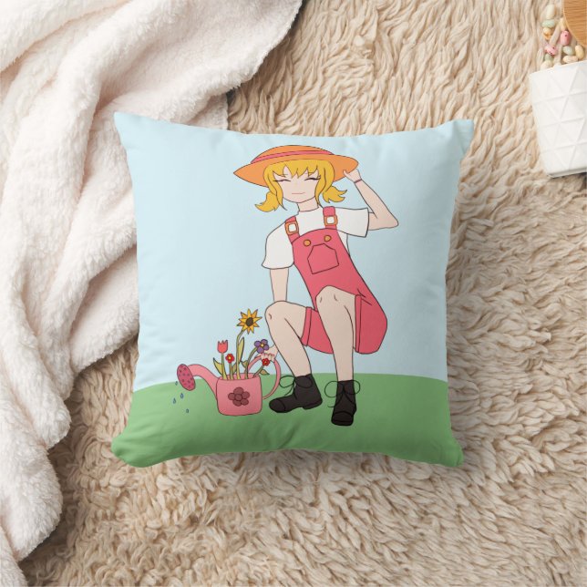 Gardening Girl with Flowers Blonde Hair Cushion (Blanket)