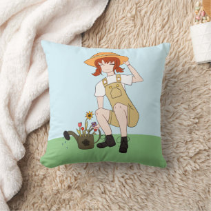 Gardening Girl with Flowers Brown Hair Cushion