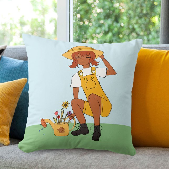Gardening Girl with Flowers Drawing Cushion (Creator Uploaded)