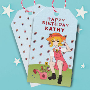 Gardening Girl with Flowers Happy Birthday Gift Tags