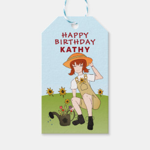 Gardening Girl with Sunflowers Happy Birthday Gift Tags