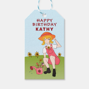 Gardening Girl with Sunflowers Happy Birthday Gift Tags