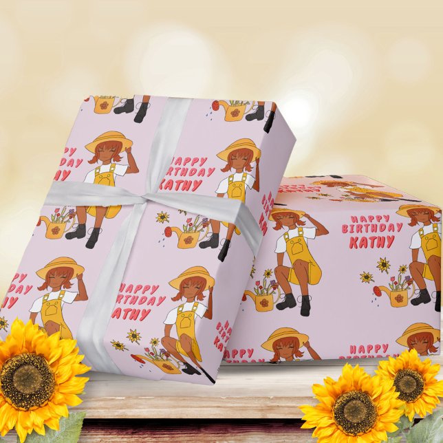 Gardening Girl with Sunflowers Happy Birthday Wrapping Paper (Creator Uploaded)