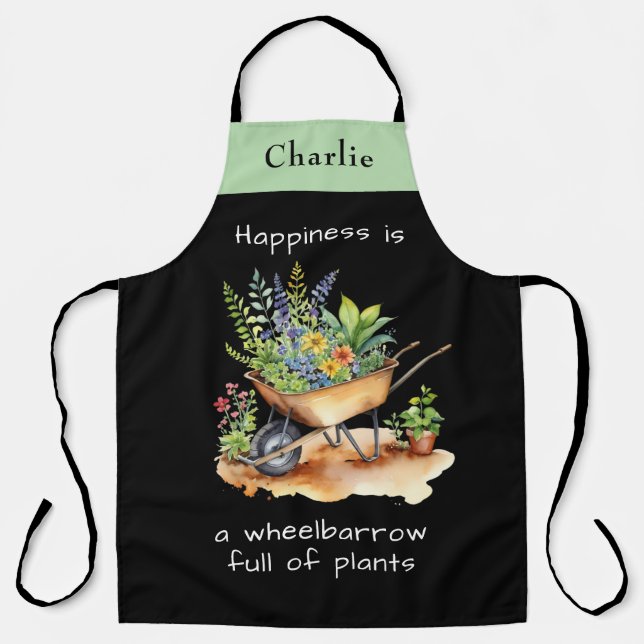 Gardening Happiness Quote Wheelbarrow of Flowers Apron (Front)