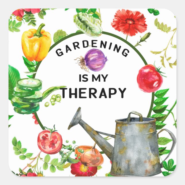 Gardening is my therapy vegetables  watering pot square sticker (Front)