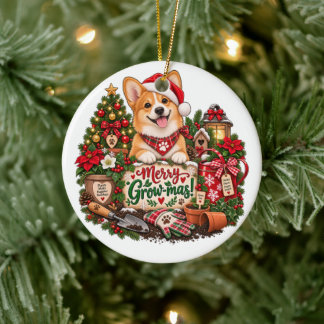 Gardening Lover Gift, Corgi Christmas Gardener Ceramic Ornament