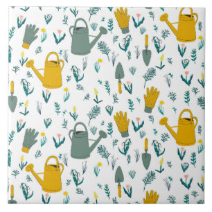 Gardening lovers: watering, can, gloves, herbs ceramic tile