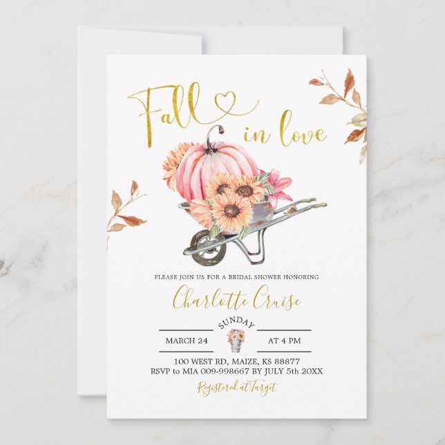 Gardening Pink Pumpkin Fall in Love Bridal Shower Invitation (Front)