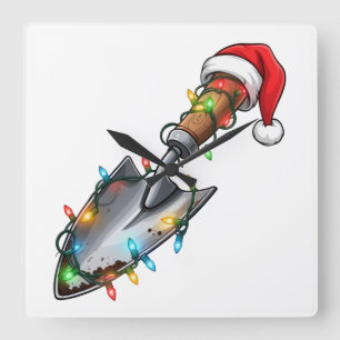 Gardening Shovel Wrapped in Christmas Lights Square Wall Clock