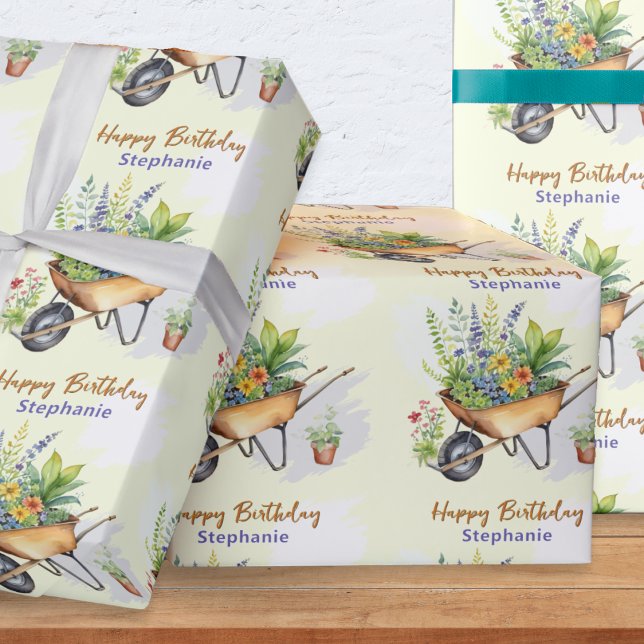 Gardening Themed Happy Birthday Personalised Wrapping Paper (Personalized birthday gift wrap on a roll, with wheelbarrows full of plants and personalized name)